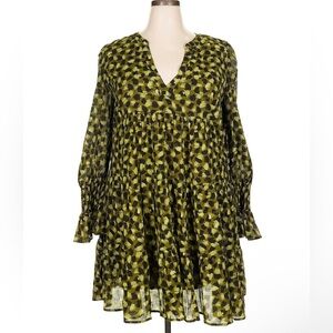 Tuckernuck Pomander Place Kenzo Dress XXL Green Geometric Smocked Cuff Boho